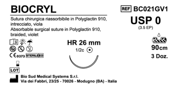 Sutura Biocryl HR26 USP 0 - EP 3.5 90 cm Violet Box 36 pcs