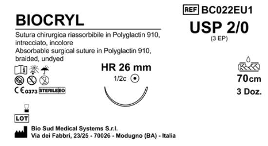Sutura Biocryl HR26 USP 2-0 - EP 3 70 cm Undyed Box 36 pcs