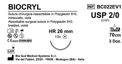 Sutura Biocryl HR26 USP 2-0 - EP 3 70 cm Violet Box 36 pcs