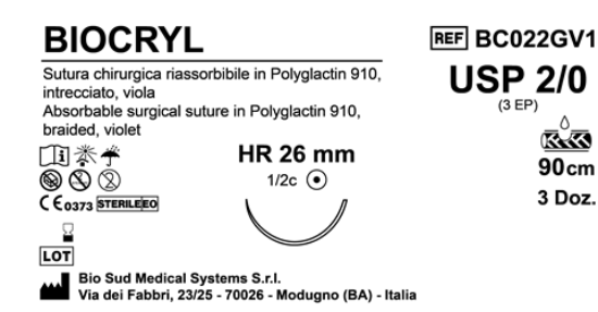 Sutura Biocryl HR26 USP 2-0 - EP 3 90 cm Violet Box 36 pcs