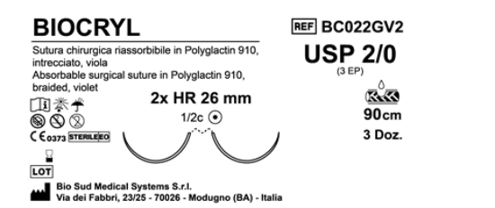 Sutura Biocryl HR 26 USP 2-0 - EP 3 90 cm Violet Double Armed  Box 36 pcs