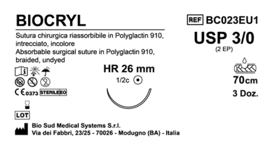 Sutura Biocryl HR26 USP 3-0 - EP 2 70 cm Undyed Box 36 pcs
