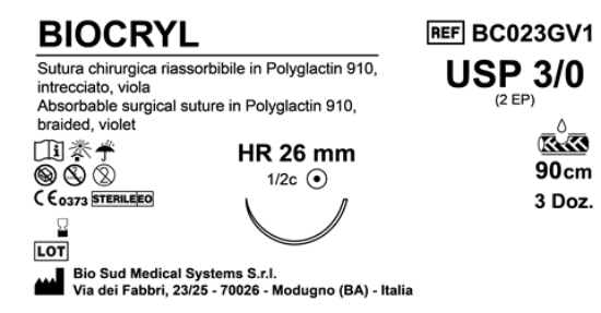Sutura Biocryl HR26 USP 3-0 - EP 2 90 cm Violet Box 36 pcs