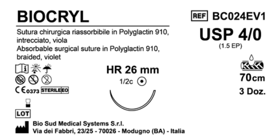 Sutura Biocryl HR26 USP 4-0  - EP 1.5 70 cm Violet Box 36 pcs