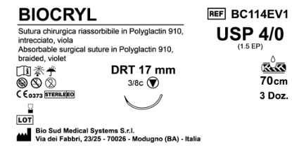Sutura Biocryl DRT17 USP 4-0  - EP 1.5 70 cm Violet Box 36 pcs