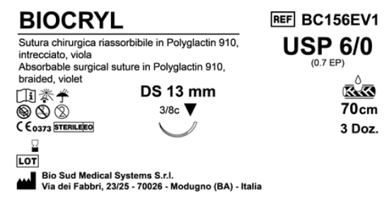 Sutura Biocryl DS13 USP 6-0 - EP 0.7 70 cm Violet Box 36 pcs