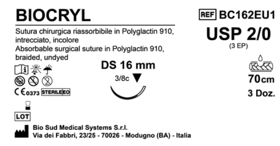 Sutura Biocryl DS 16 USP 2-0 - EP 3 70 cm Undyed Box 36 pcs