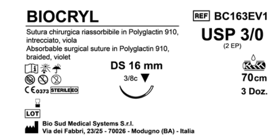 Sutura Biocryl DS16 USP 3-0 - EP 2 70 cm Violet Box 36 pcs