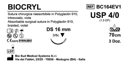 Sutura Biocryl DS16 USP 4-0  - EP 1.5 70 cm Violet Box 36 pcs