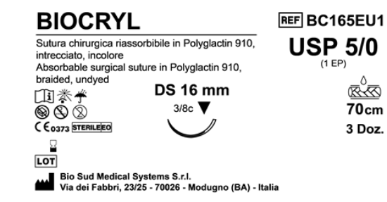 Sutura Biocryl DS16 USP 5-0 - EP 1 70 cm Undyed Box 36 pcs