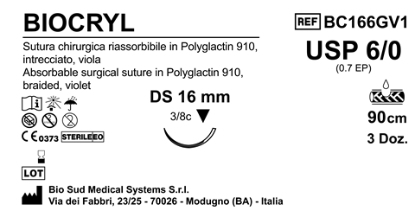 Sutura Biocryl DS 16 USP 6-0 - EP 0.7 90 cm Violet Box 36 pcs
