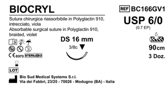 Sutura Biocryl DS 16 USP 6-0 - EP 0.7 90 cm Violet Box 36 pcs