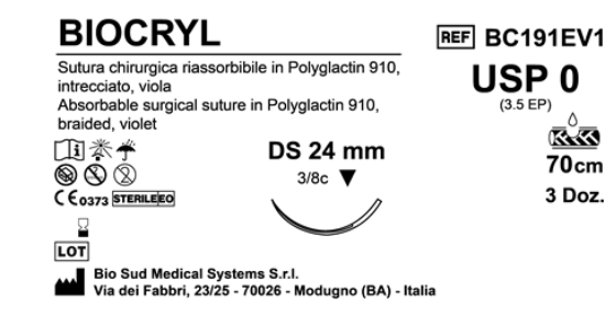 Sutura Biocryl DS24 USP 0 - EP 3.5 70 cm Violet Box 36 pcs