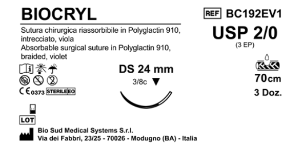 Sutura Biocryl DS24 USP 2-0 - EP 3 70 cm Violet Box 36 pcs