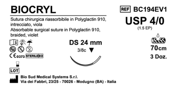 Sutura Biocryl DS24 USP 4-0  - EP 1.5 70 cm Violet Box 36 pcs