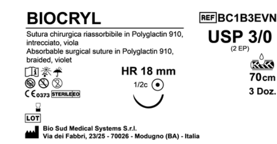 Sutura Biocryl HR18 USP 3-0 - EP 2 70 cm Violet Black Needle  Box 36 pcs