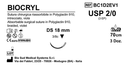 Sutura Biocryl DS18 USP 2-0 - EP 3 70 cm Violet Box 36 pcs