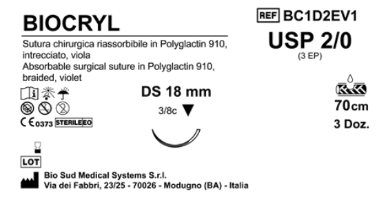 Sutura Biocryl DS18 USP 2-0 - EP 3 70 cm Violet Box 36 pcs