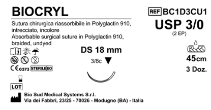 Sutura Biocryl DS18 USP 3-0 - EP 2 45 cm Undyed Box 36 pcs