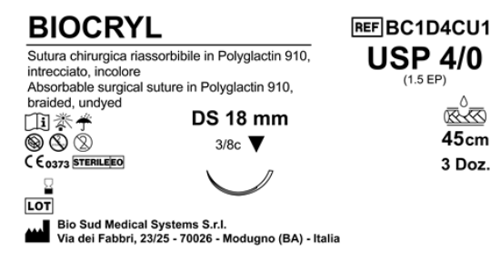 Sutura Biocryl DS 18 USP 4-0  - EP 1.5 45 cm Undyed Box 36 pcs