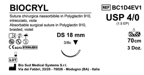 Sutura Biocryl DS18 USP 4-0  - EP 1.5 70 cm Violet Box 36 pcs