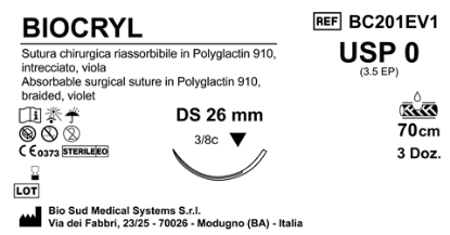 Sutura Biocryl DS26 USP 0 - EP 3.5 70 cm Violet Box 36 pcs