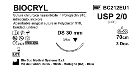 Sutura Biocryl DS30 USP 2-0 - EP 3 70 cm Undyed Box 36 pcs
