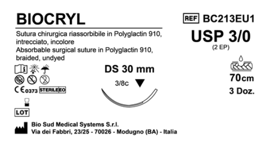 Sutura Biocryl DS30 USP 3-0 - EP 2 70 cm Undyed Box 36 pcs