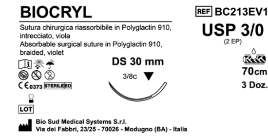 Sutura Biocryl DS30 USP 3-0 - EP 2 70 cm Violet Box 36 pcs