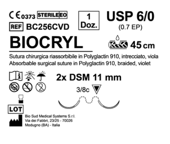 Sutura Biocryl DSM 11 USP 6-0 - EP 0.7 45 cm Violet Double Armed  N.12 Bs. per Box