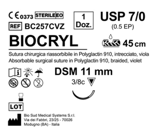 Sutura Biocryl DSM 11 USP 7-0 - EP 0.5 45 cm Violet Box 12 pcs