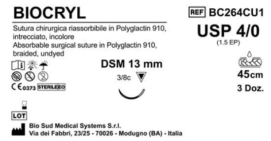 Sutura Biocryl DSM13 USP 4-0  - EP 1.5 45 cm Undyed Box 36 pcs