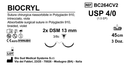 Sutura Biocryl DSM 13 USP 4-0  - EP 1.5 45 cm Violet Double Armed  Box 36 pcs