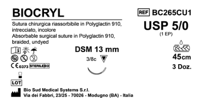 Sutura Biocryl DSM13 USP 5-0 - EP 1 45 cm Undyed Box 36 pcs