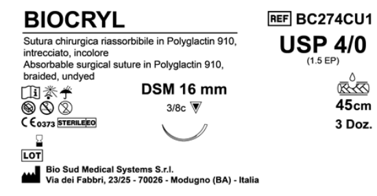 Sutura Biocryl DSM16 USP 4-0  - EP 1.5 45 cm Undyed Box 36 pcs