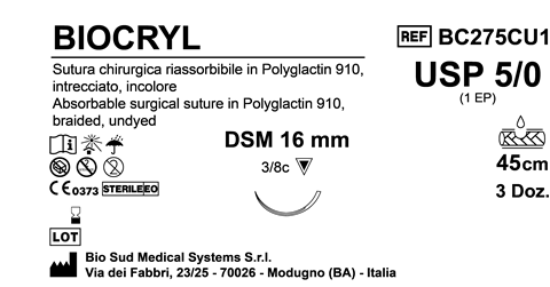 Sutura Biocryl DSM16 USP 5-0 - EP 1 45 cm Undyed Box 36 pcs