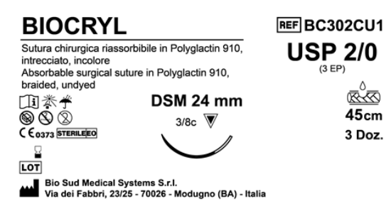 Sutura Biocryl DSM24 USP 2-0 - EP 3 45 cm Undyed Box 36 pcs