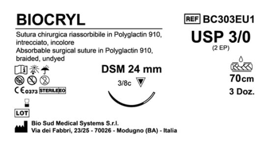 Sutura Biocryl DSM24 USP 3-0 - EP 2 70 cm Undyed Box 36 pcs