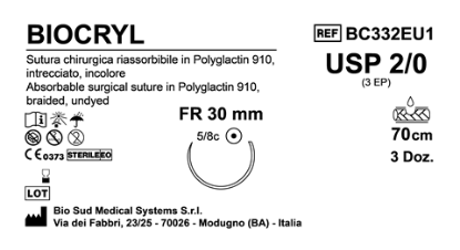 Sutura Biocryl FR30 USP 2-0 - EP 3 70 cm Undyed Box 36 pcs