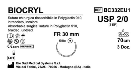 Sutura Biocryl FR30 USP 2-0 - EP 3 70 cm Undyed Box 36 pcs