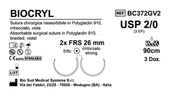 Sutura Biocryl FRS 26 USP 2-0 - EP 3 90 cm Violet Double Armed  Box 36 pcs