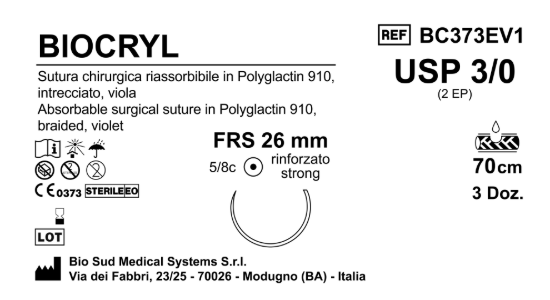 Sutura Biocryl FRS26 USP 3-0 - EP 2 70 cm Violet Box 36 pcs