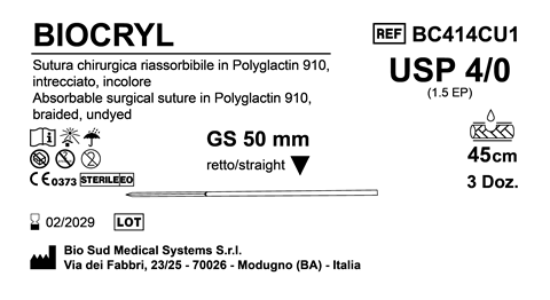 Sutura Biocryl GS 50 USP 4-0  - EP 1.5 45 cm Undyed Box 36 pcs