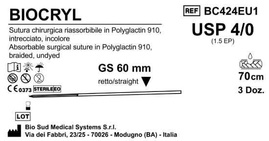 Sutura Biocryl GS60 USP 4-0  - EP 1.5 70 cm Undyed Box 36 pcs