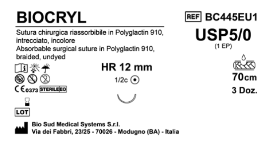 Sutura Biocryl HR12 USP 5-0 - EP 1 70 cm Undyed Box 36 pcs
