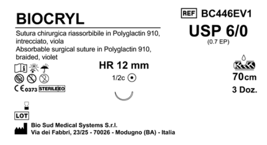 Sutura Biocryl HR12 USP 6-0 - EP 0.7 70 cm Violet Box 36 pcs