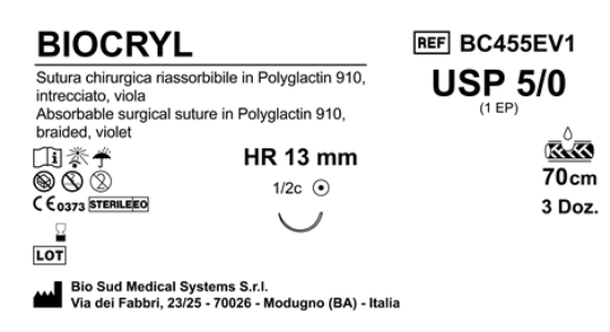 Sutura Biocryl HR13 USP 5-0 - EP 1 70 cm Violet Box 36 pcs