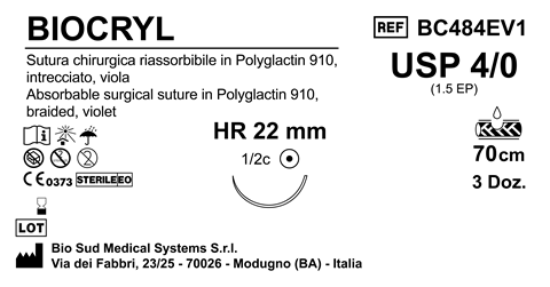 Sutura Biocryl HR22 USP 4-0  - EP 1.5 70 cm Violet Box 36 pcs