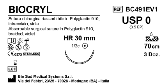 Sutura Biocryl HR30 USP 0 - EP 3.5 70 cm Violet Box 36 pcs