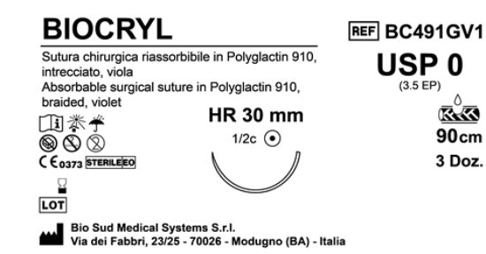 Sutura Biocryl HR30 USP 0 - EP 3.5 90 cm Violet Box 36 pcs